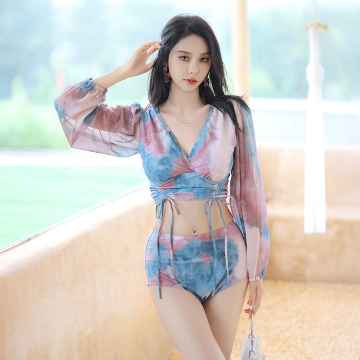 大きいサイズ レディース タイダイ柄シアー袖セパレートセットアップスイムウェア水着(L/LL/3L)