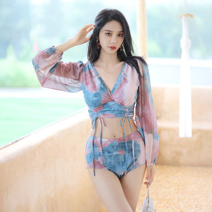 タイダイ柄シアー袖セパレートセットアップスイムウェア水着(L/LL/3L)