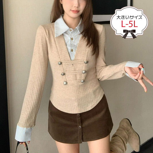 ナポレオンデザインシャツ切替リブトップス(L/LL/3L/4L/5L)