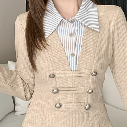 ナポレオンデザインシャツ切替リブトップス(L/LL/3L/4L/5L)