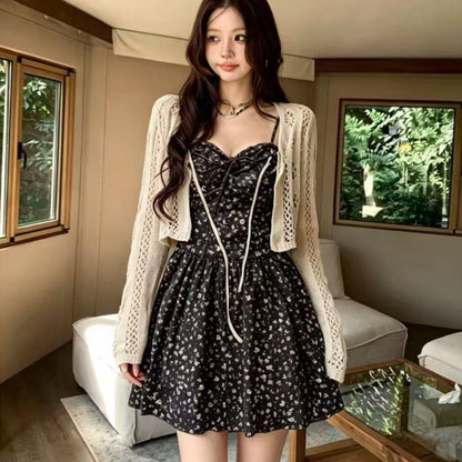 ブラック小花キャミワンピ×透かし編みボレロセット(L/LL/3L/4L/5L)