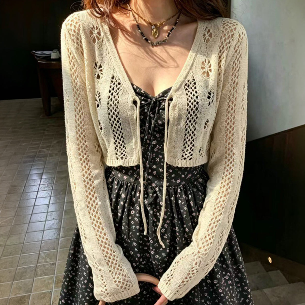 大きいサイズ レディース ブラック小花キャミワンピ×透かし編みボレロセット(L/LL/3L/4L/5L)