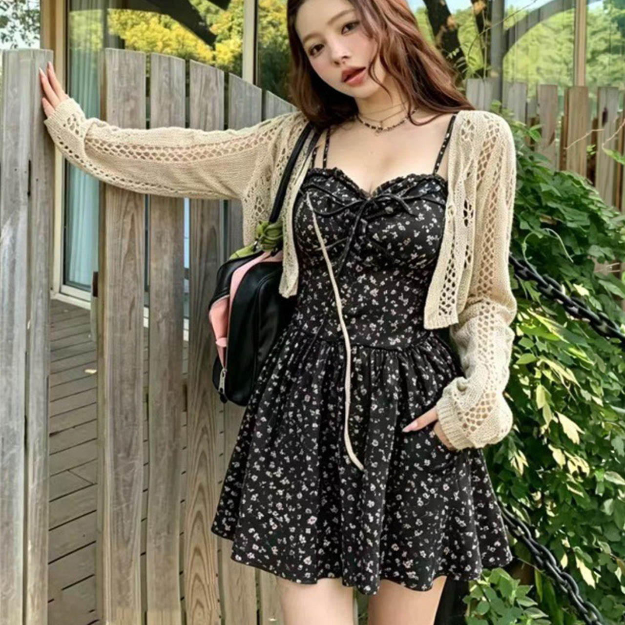 大きいサイズ レディース ブラック小花キャミワンピ×透かし編みボレロセット(L/LL/3L/4L/5L)