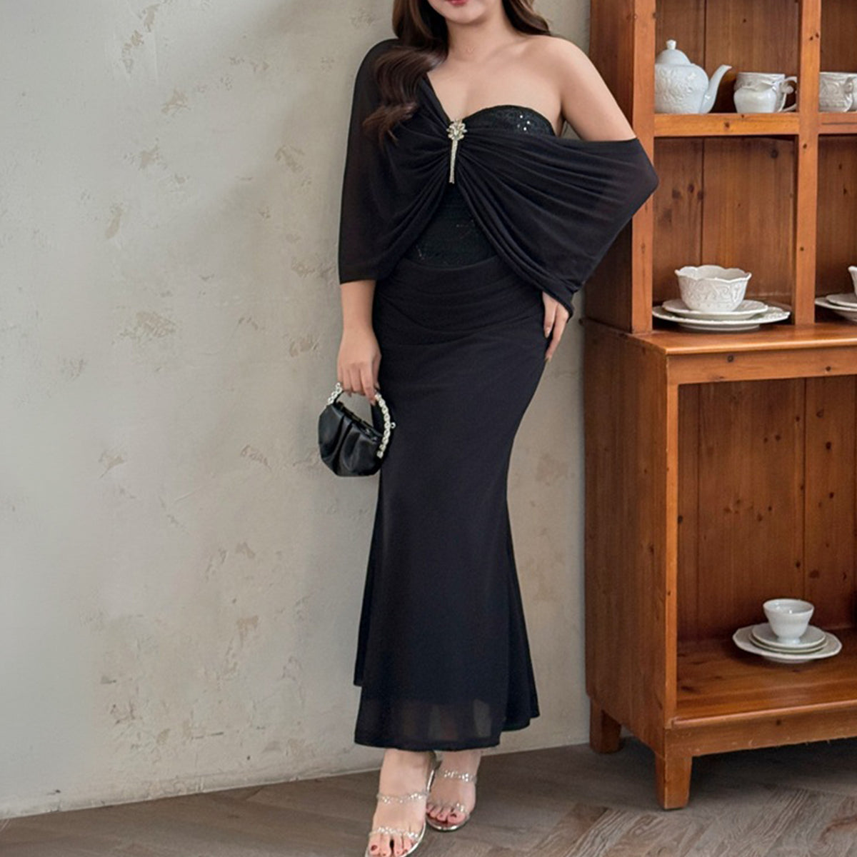 Jeweled Drape Lace Mermaid Dress (LL/3L/4L/5L)