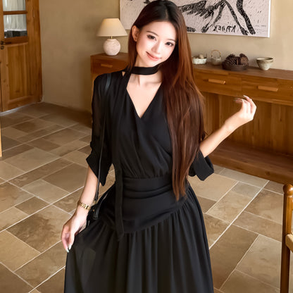 ブラックカシュクールフレアロングワンピース(L/LL/3L/4L/5L)