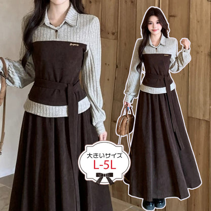 ブラウンビスチェレイヤード風ロングセットアップ(L/LL/3L/4L/5L)