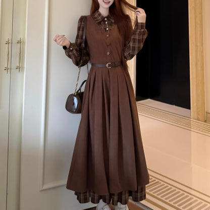 ショコラチェックレイヤードロングワンピース(L/LL/3L/4L/5L)