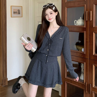 クラシカルリボンニットカーデ＆フレアスカートセット(L/LL/3L/4L/5L)