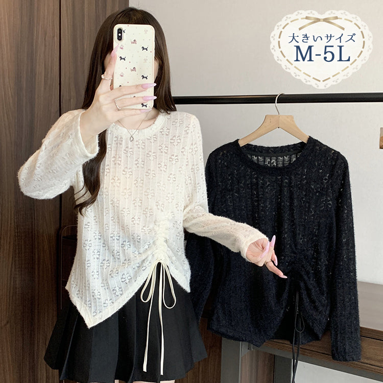 大きいサイズ レディース エアリーフラワー透かし編みロングトップス(L/LL/3L/4L/5L)