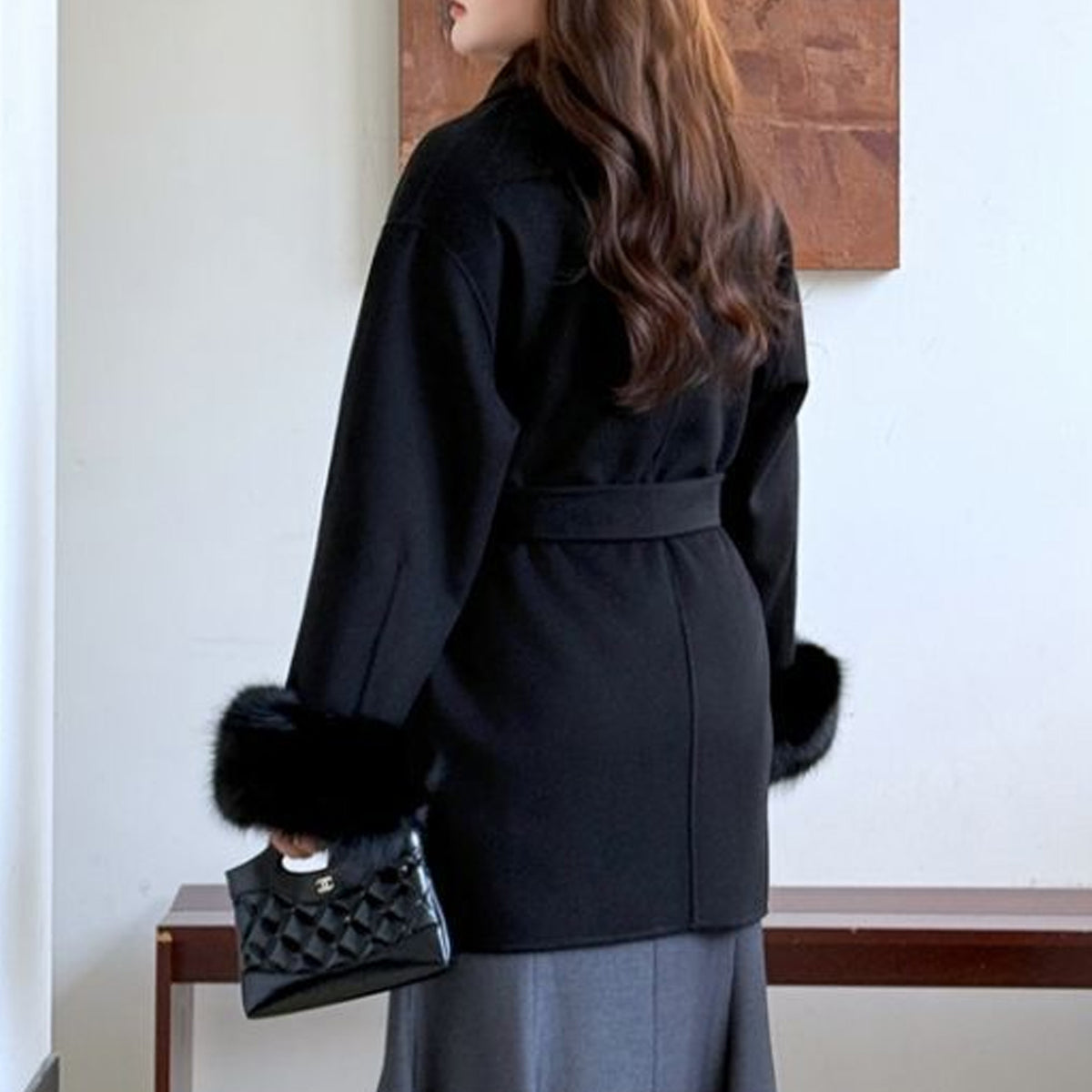 ふわり袖ファーの大人ショールカラーコート(LL/3L)