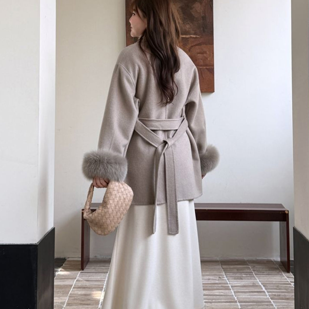 ふわり袖ファーの大人ショールカラーコート(LL/3L)