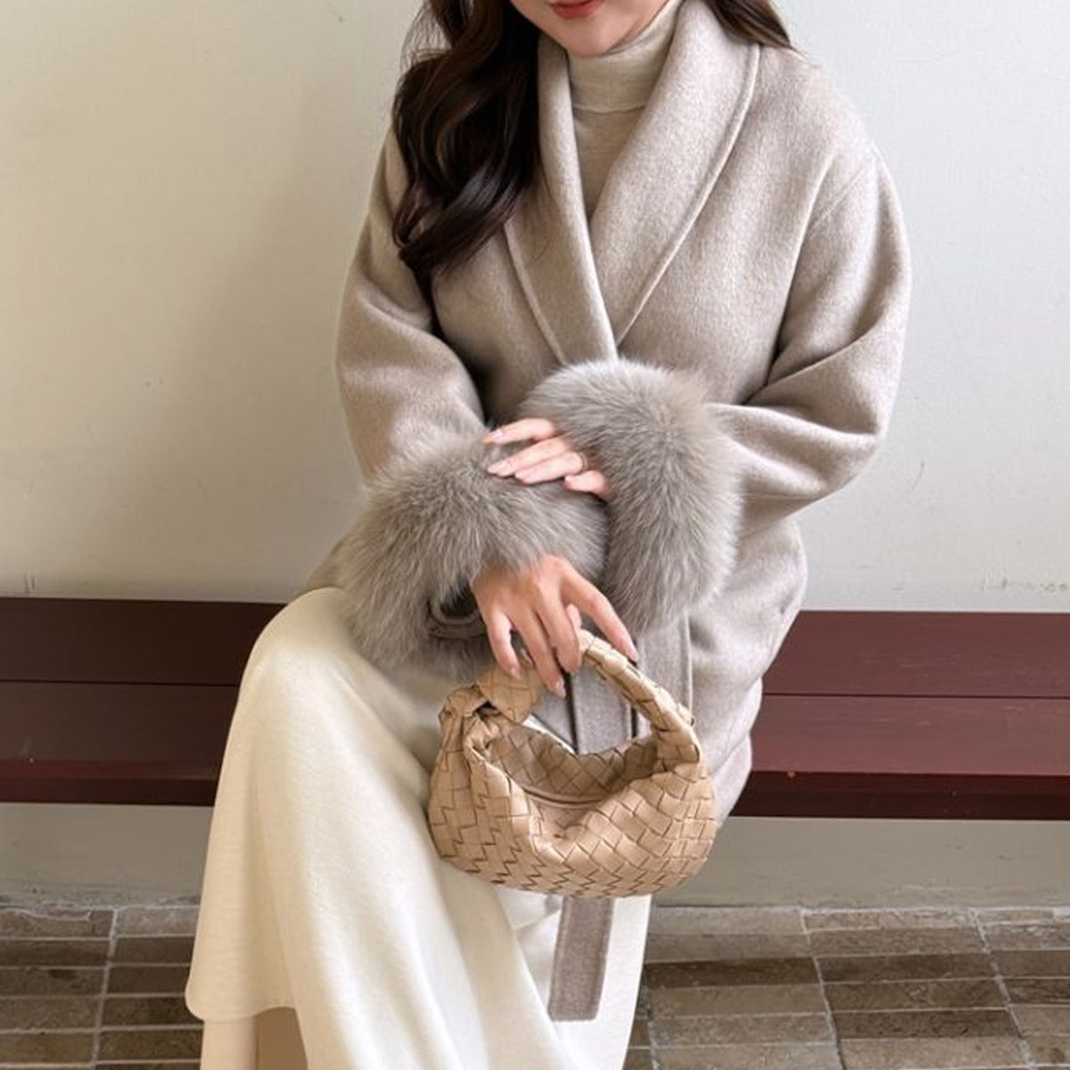 ふわり袖ファーの大人ショールカラーコート(LL/3L)