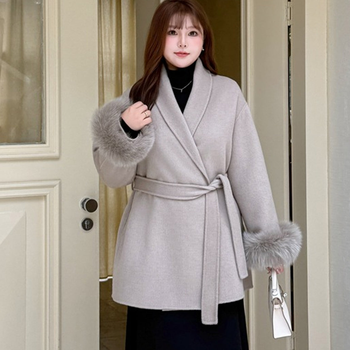 ふわり袖ファーの大人ショールカラーコート(LL/3L)