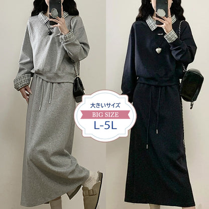 ギンガムレイヤードスウェットロングセットアップ(L/LL/3L/4L/5L)