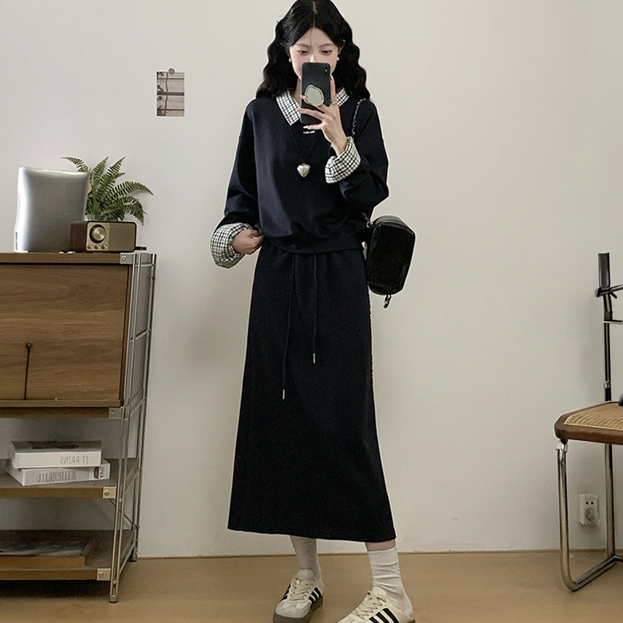大きいサイズ レディース ギンガムレイヤードスウェットロングセットアップ(L/LL/3L/4L/5L)
