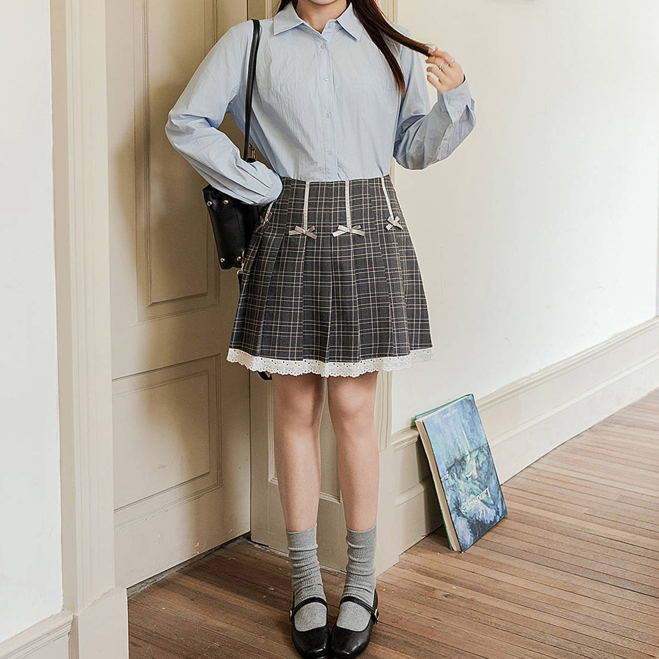 大きいサイズ レディース グレーチェックと白レースのスクールガーリースカート(LL/3L/4L/5L/6L)