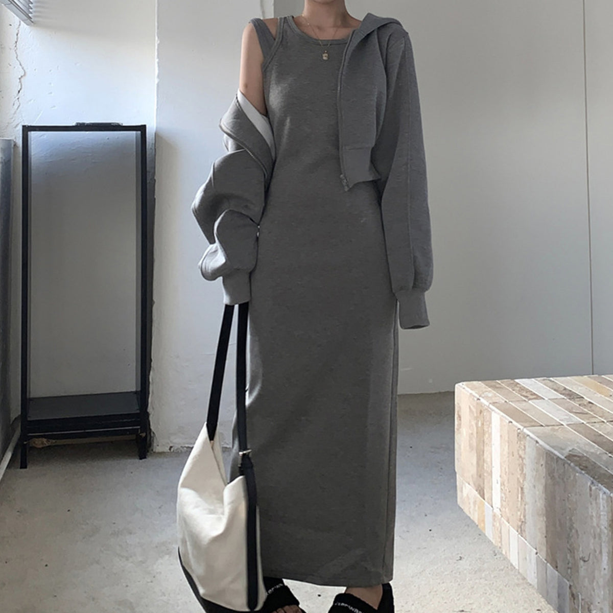大人カジュアル フーディー×タンクロングワンピセット(L/LL/3L/4L/5L)