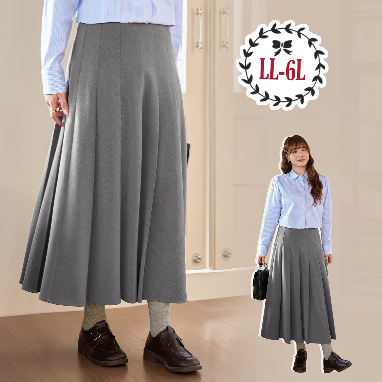 大きいサイズ レディース グレージュムードの美シルエットロングプリーツスカート(LL/3L/4L/5L/6L)
