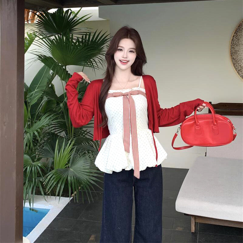 大きいサイズ レディース チェックリボンのペプラムキャミ＆カーディガンセット(M/L/LL/3L/4L/5L/6L)