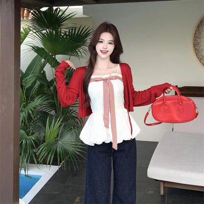 チェックリボンのペプラムキャミ＆カーディガンセット(M/L/LL/3L/4L/5L/6L)