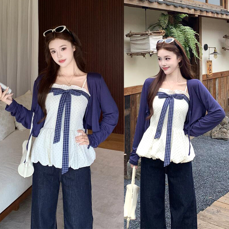 大きいサイズ レディース チェックリボンのペプラムキャミ＆カーディガンセット(M/L/LL/3L/4L/5L/6L)