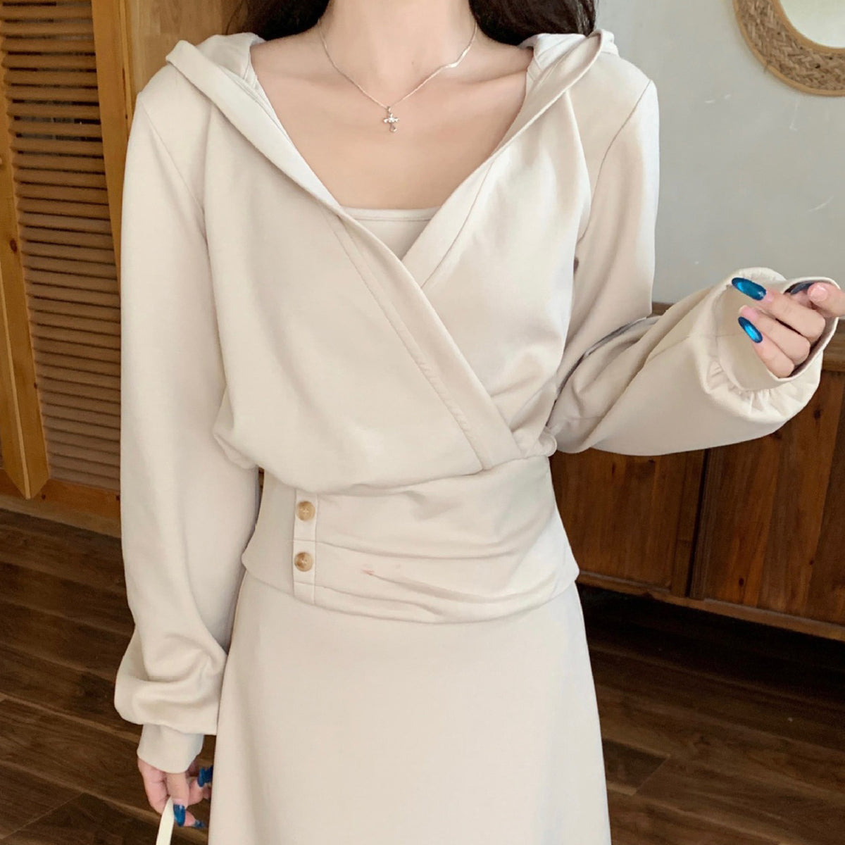 大きいサイズ レディース フードカシュクールトップス×キャミロングワンピ2点セット(L/LL/3L/4L/5L)