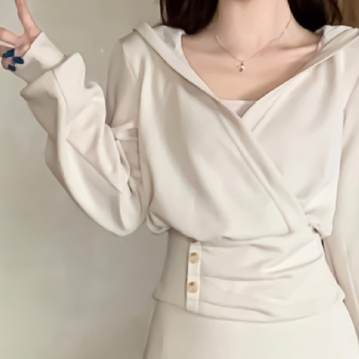 大きいサイズ レディース フードカシュクールトップス×キャミロングワンピ2点セット(L/LL/3L/4L/5L)