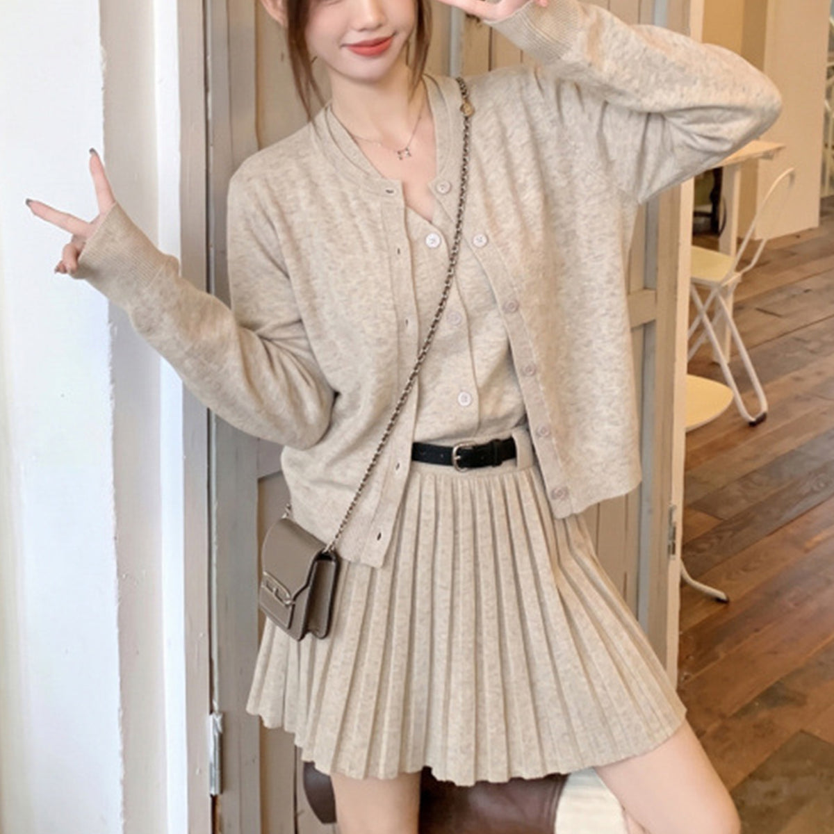 大きいサイズ レディース 大人ガーリーなニットカーデ×キャミワンピセット(L/LL/3L/4L/5L)