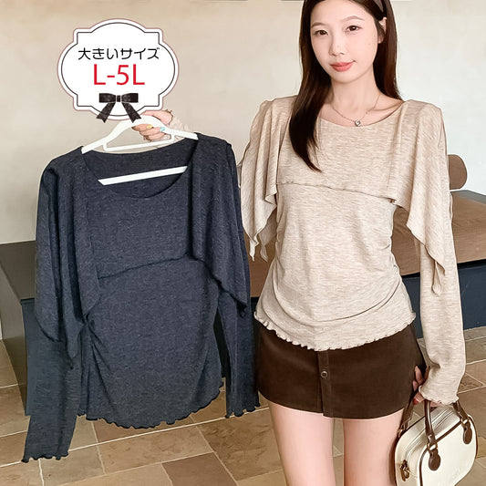 ショルダードレープフェイクレイヤード長袖トップス(L/LL/3L/4L/5L)