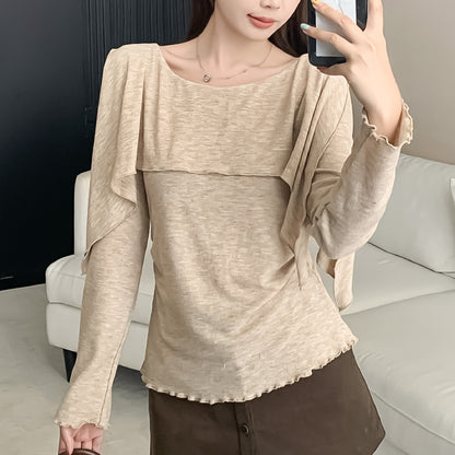 ショルダードレープフェイクレイヤード長袖トップス(L/LL/3L/4L/5L)