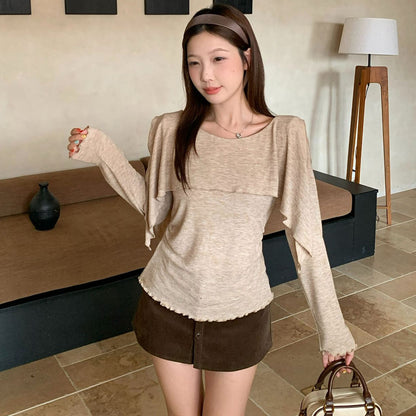 ショルダードレープフェイクレイヤード長袖トップス(L/LL/3L/4L/5L)