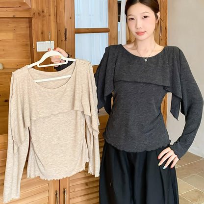 ショルダードレープフェイクレイヤード長袖トップス(L/LL/3L/4L/5L)