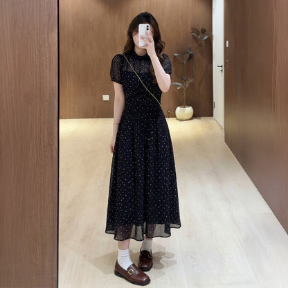 【選べる丈】ノクターンドット・パフ袖フレアワンピース (L/LL/3L/4L/5L)