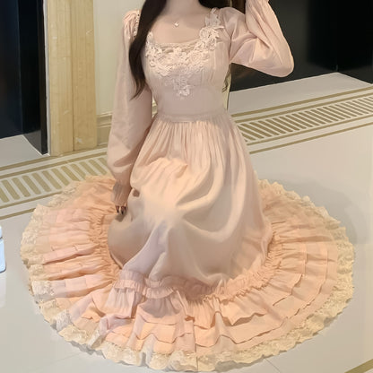 ピーチブロッサムレースフリルロングワンピース(L/LL/3L/4L/5L)