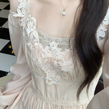ピーチブロッサムレースフリルロングワンピース(L/LL/3L/4L/5L)