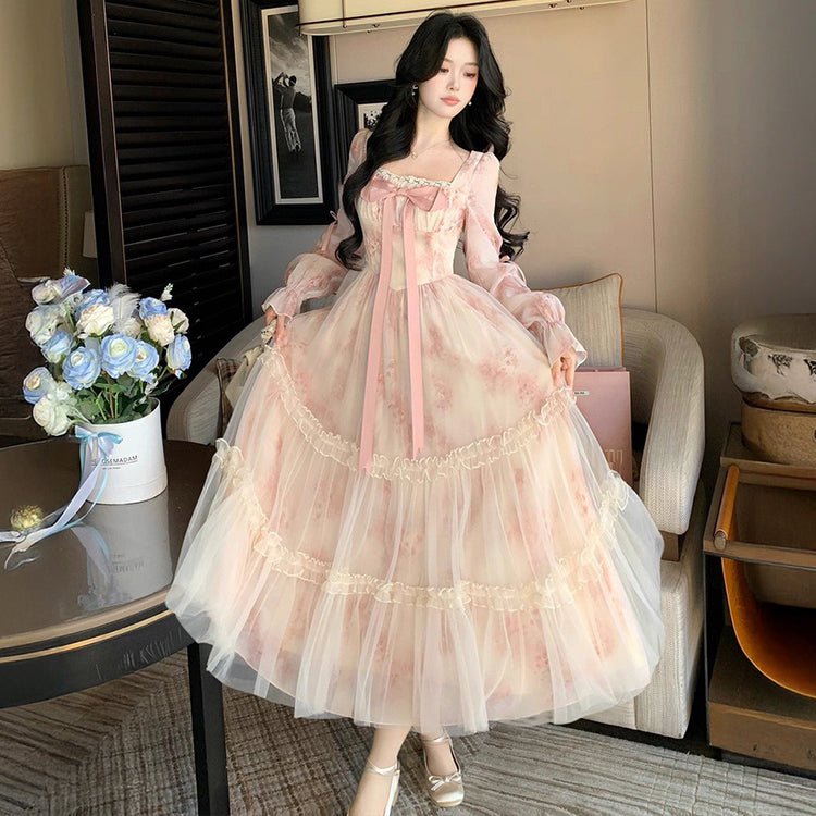 大きいサイズ レディース ロージーブーケ・チュールティアードロングワンピース(L/LL/3L/4L/5L)