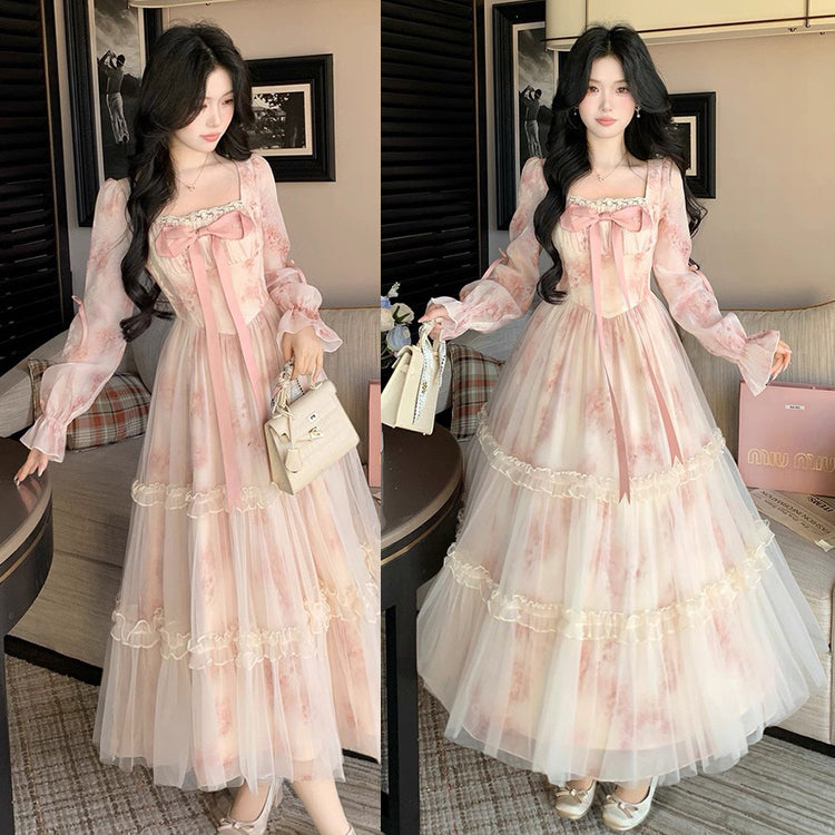 大きいサイズ レディース ロージーブーケ・チュールティアードロングワンピース(L/LL/3L/4L/5L)