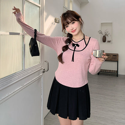 ビジュ―リボンのデコルテライン長袖トップス(LL/3L/4L/5L/6L)