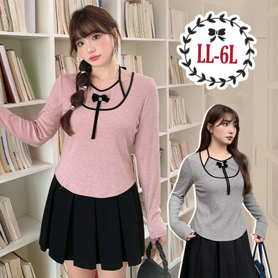 【Plus size tops ranking】ビジュ―リボンのデコルテライン長袖トップス(LL/3L/4L/5L/6L)