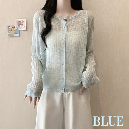 ニュアンス透け編みクルーネックカーディガン(L/LL/3L/4L/5L)