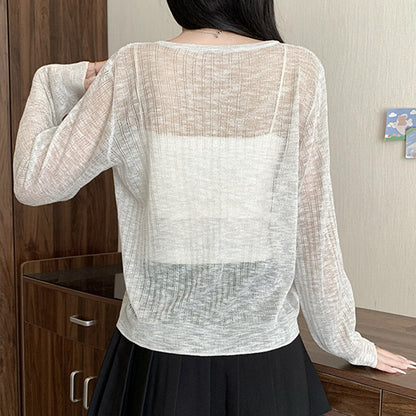 ニュアンス透け編みクルーネックカーディガン(L/LL/3L/4L/5L)