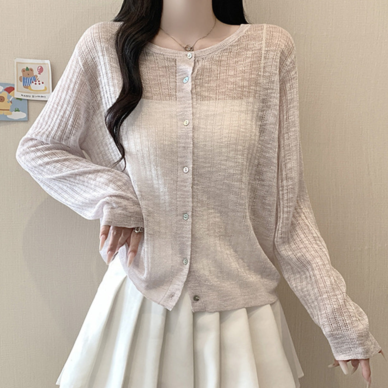 大きいサイズ レディース ニュアンス透け編みクルーネックカーディガン(L/LL/3L/4L/5L)