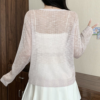 ニュアンス透け編みクルーネックカーディガン(L/LL/3L/4L/5L)