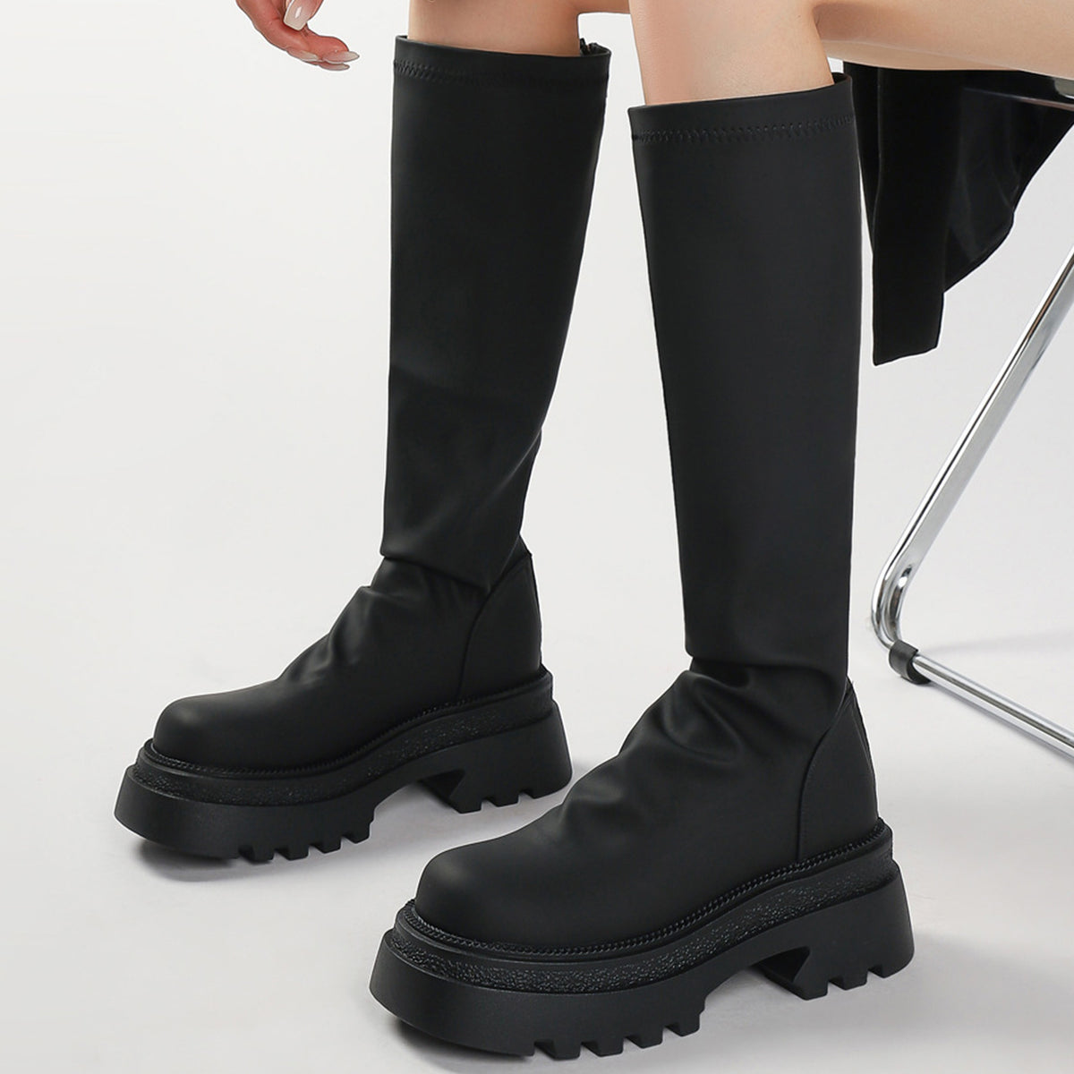 【ふくらはぎ＜Lサイズ＞42～46cm】ミニマル厚底ロングブーツ(ふくらはぎ大きいサイズ)