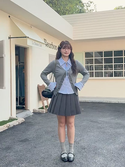 知的ガーリーリボン襟レイヤードトップス(LL/3L/4L/5L/6L)