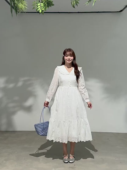 花刺繍と大きめ襟のやさしい白ワンピース(LL/3L/4L/5L/6L)