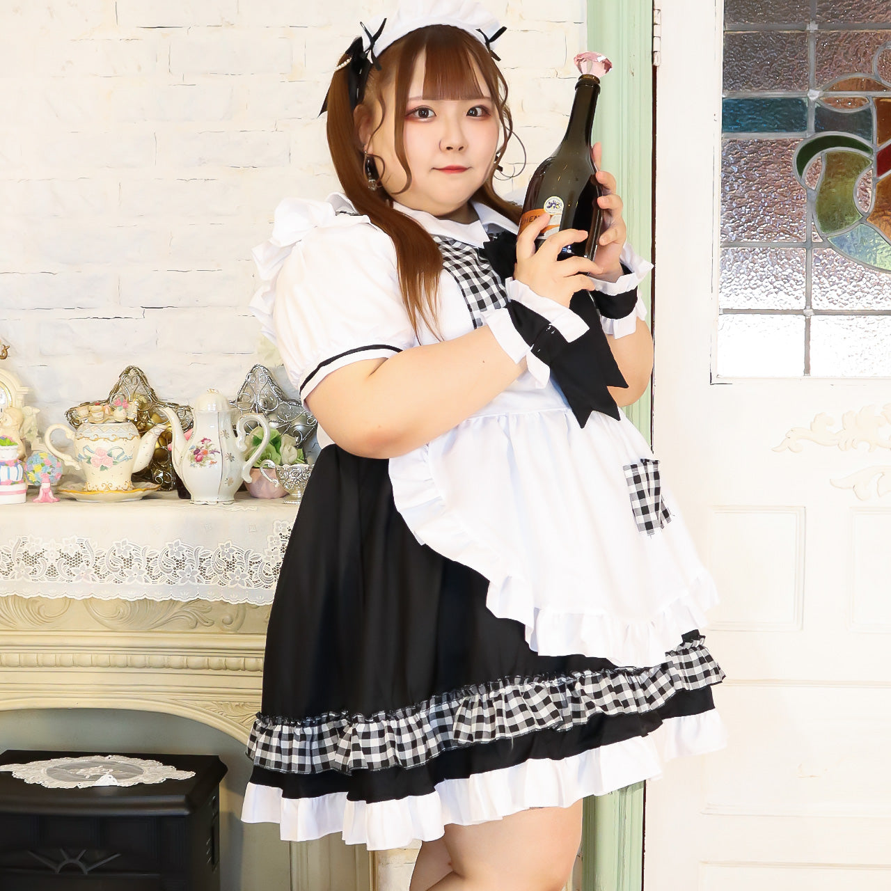 大きいサイズ レディース Ribbon Check Diner Maid (M/L/2L/3L/4L/5L/6L)/Cosplay/Halloween
