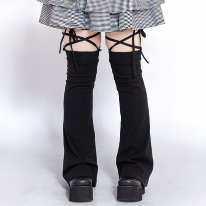 Black Ribbon Leg Warmer for Slender Legs (Plus Size, Japanese 3L-5L equivalent)