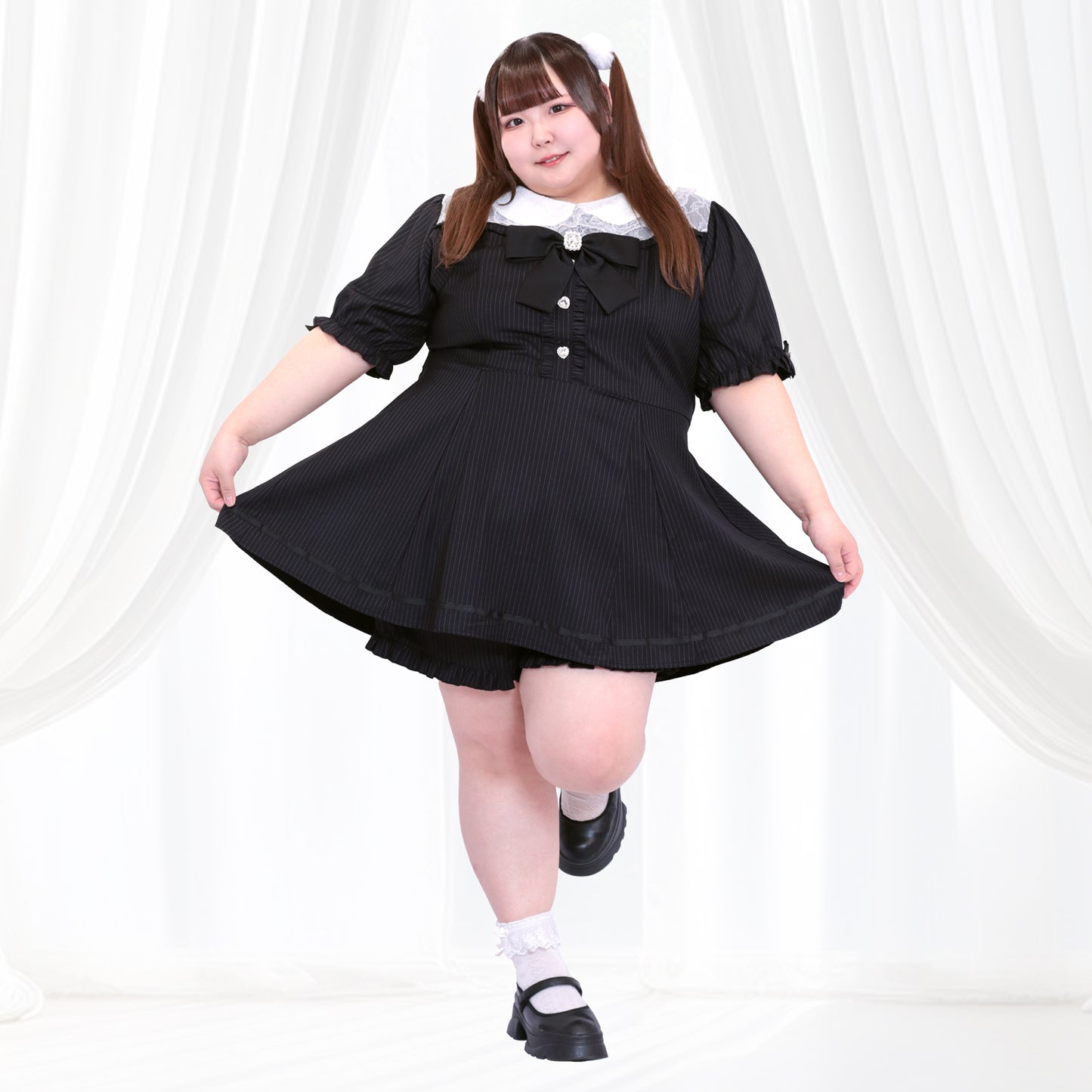 大きいサイズ レディース ストライプの地雷ちゃん半袖セットアップ(3L/4L/5L/6L)/Taberunosky（タベルノスキー）