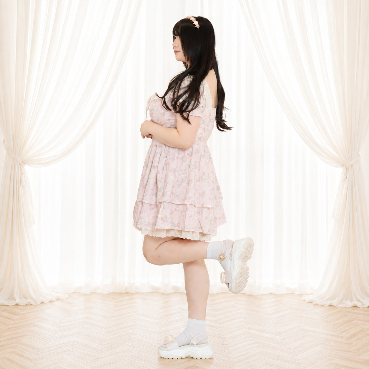 大きいサイズ レディース Sweet Bouquet Cotton Flared Mini Dress (L/LL/3L/4L/5L)